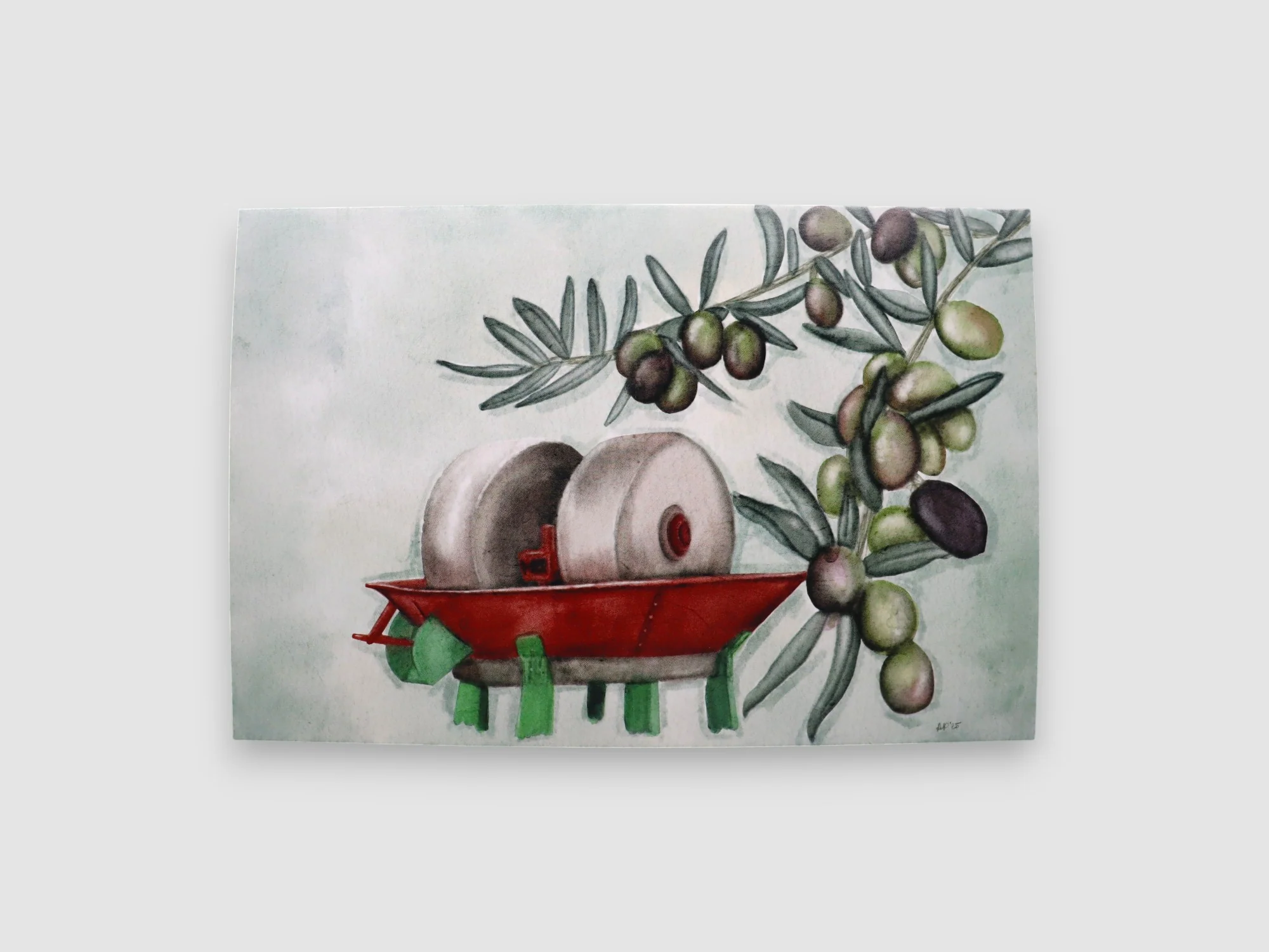 DOLCE VITA WATERCOLOR OLD STONE MILL AND OLIVE BRANCH DESIGN PREMIUM FINISH POSTCARD
